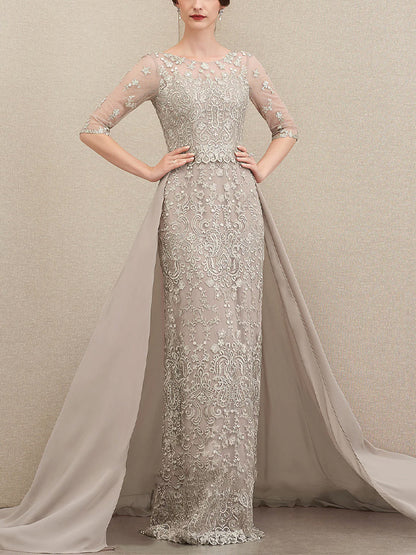 Round Neck Solid Color Lace Short Sleeves Maxi Dress