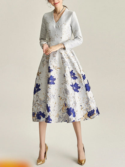 V-Neck Print Midi Dress