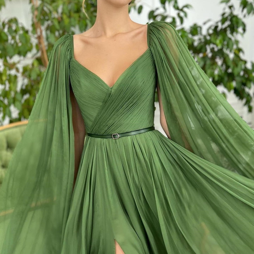 loveedsTM- Elegant Chiffon Evening Dresses V-Neck Sleeveless Side High Split Long Party Dress Simple Pleat Sweep Train Prom Gown Vestidos