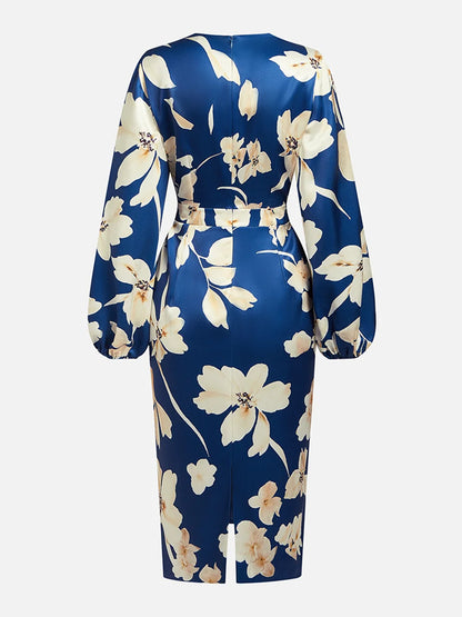 Floral V Neck Balloon Sleeve Midi Sheath Satin Dress