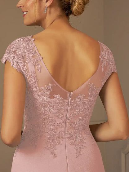 Round Neck Lace Short Sleeve Solid Color Midi Dress