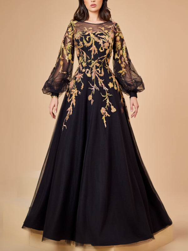 A-line Dress with Bubble sleeves with OmbrÃ© beaded lace