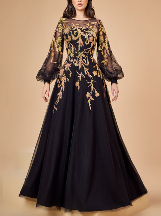 A-line Dress with Bubble sleeves with OmbrÃ© beaded lace