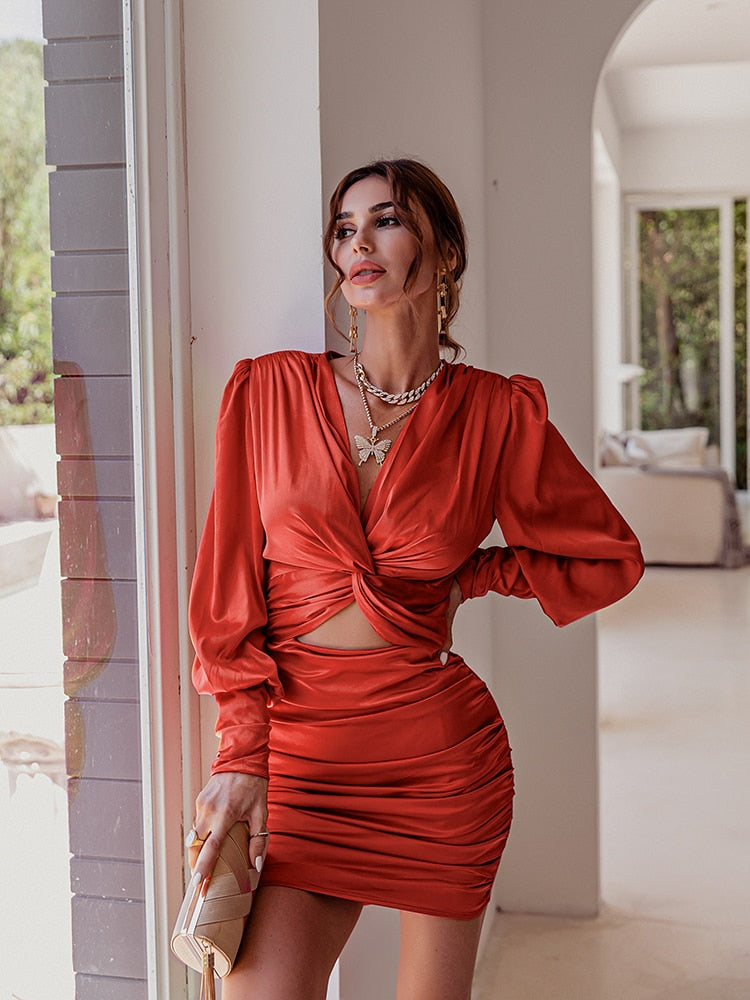 loveedsTM- Sexy deep v neck bodycon dress Party club hollow out mini dress Elegant winter autumn chic lantern sleeve satin dress