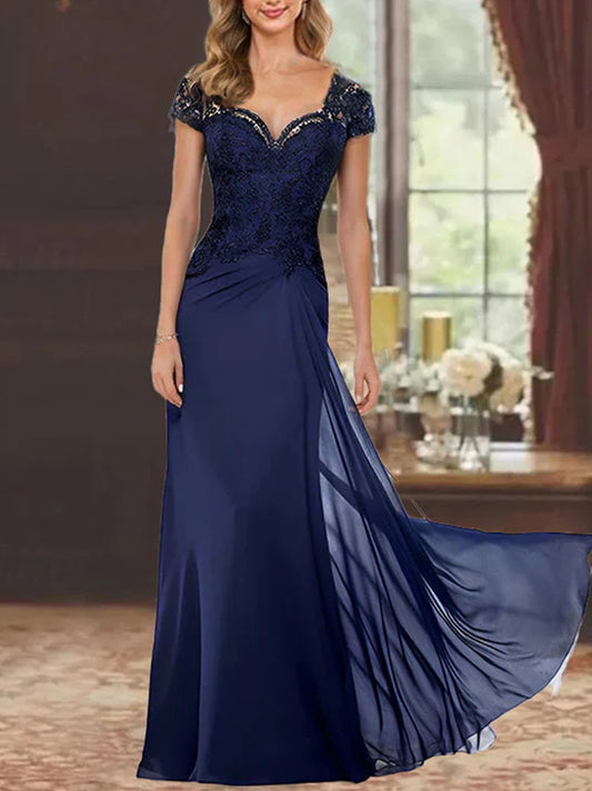 Sheath/Column Sweetheart Short Sleeves Floor-Length Mother of the Bride Dresses with Appliques Lace