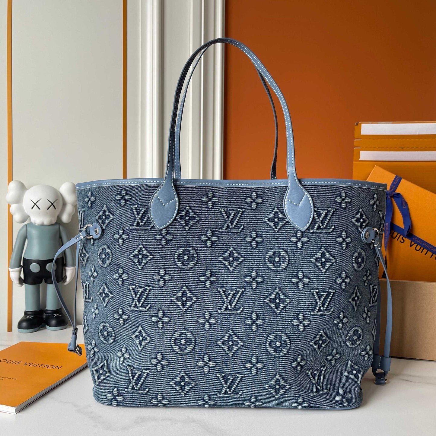 LOUIS VUITTON NEVERFULL MM BAG MONOGRAM DENIM BLUE 32CM