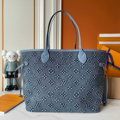 LOUIS VUITTON NEVERFULL MM BAG MONOGRAM DENIM BLUE 32CM