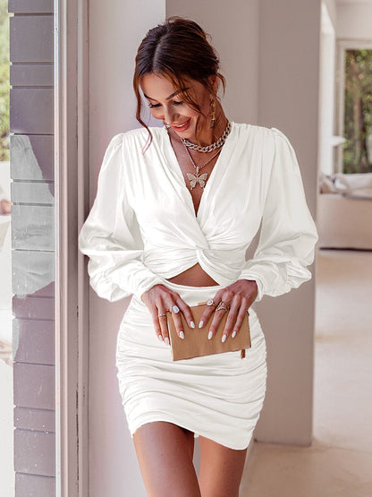 loveedsTM- Sexy deep v neck bodycon dress Party club hollow out mini dress Elegant winter autumn chic lantern sleeve satin dress