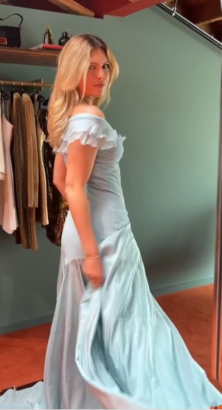 Retro Style A Line Off the Shoulder Blue Satin Long Party Dress Prom Dress SH2611