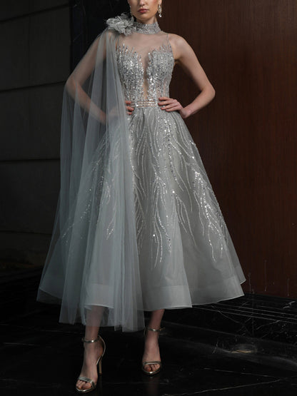 Sleeveless Solid Sequins Midi Dress