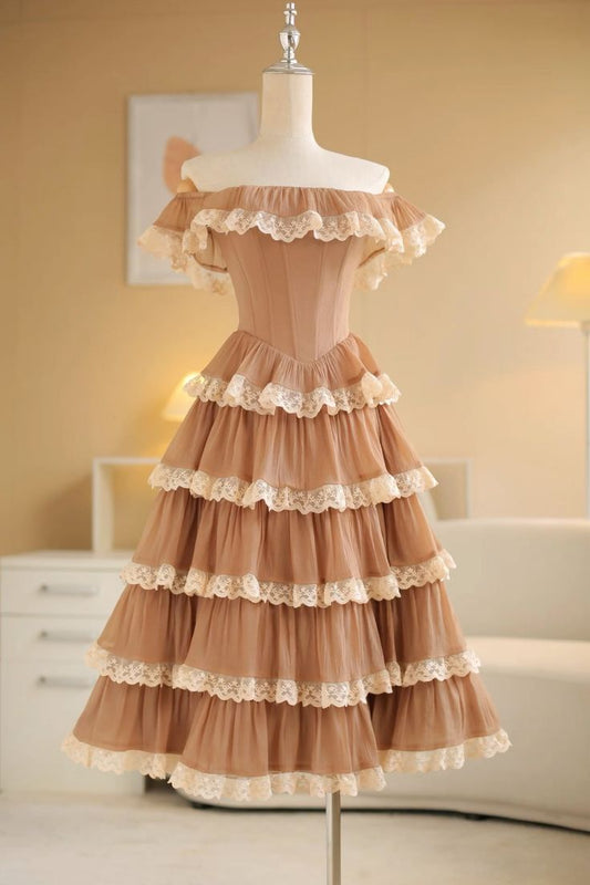 Light Brown Elegant Delicate Lace Midi/Short Chiffon Tiered Homecoming Dress Prom Dress Evening Dress Wedding Guest/Birthday/Garden Party Dress gh4131