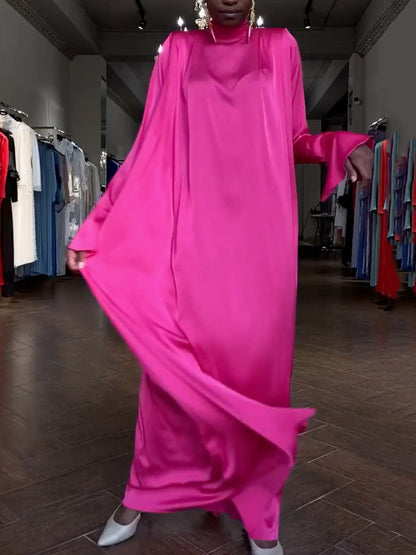 loveedsTM- Flared Sleeves Long Sleeves Solid Color High-Neck Maxi Dresses