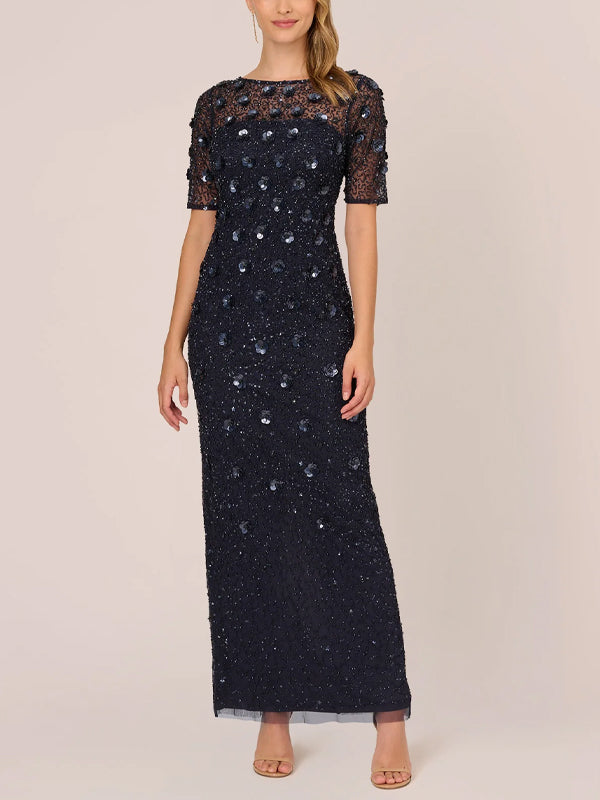 Round Neck Sequined Mesh Solid Color Maxi Dress