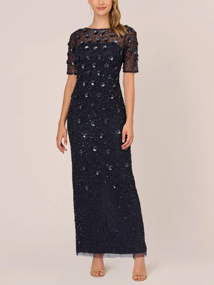 Round Neck Sequined Mesh Solid Color Maxi Dress