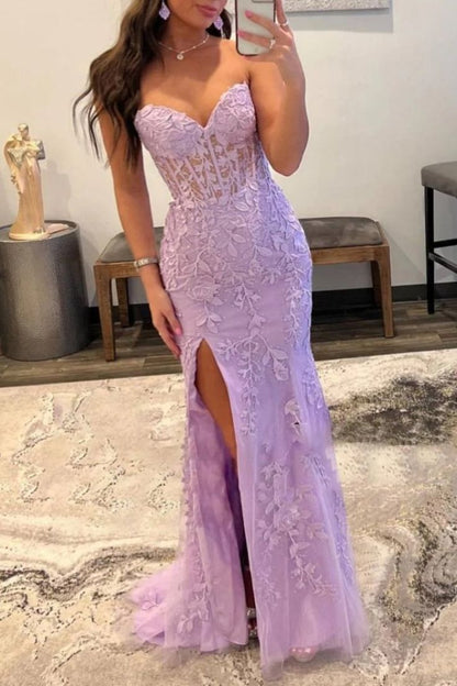Pretty Mermaid Strapless Corset Lace Prom Dress with Slit DP295