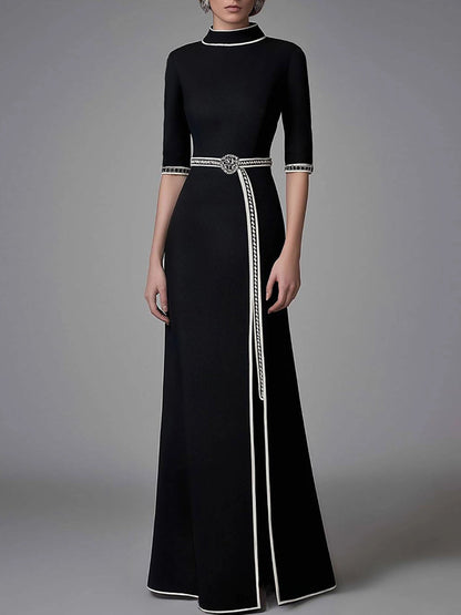 Elegant Black Slit Dress Funnel Neck Half-Sleeve Maxi Dress