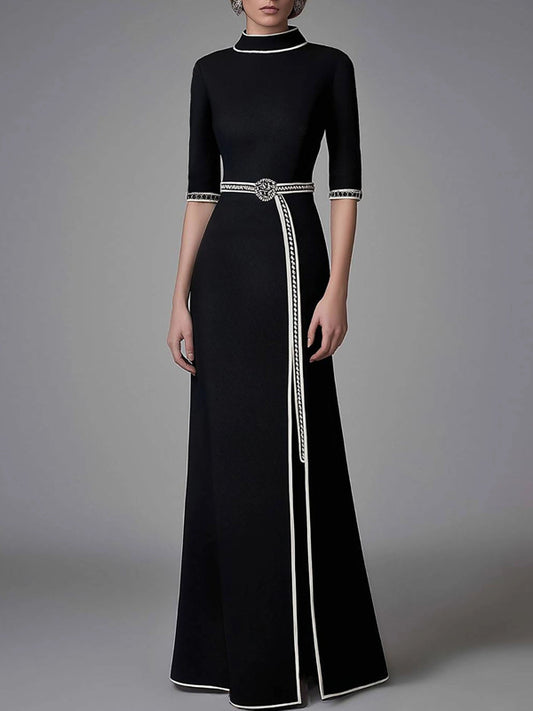 Elegant Black Slit Dress Funnel Neck Half-Sleeve Maxi Dress
