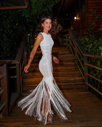 loveedsTM-Hollow Fringe White Sleeveless One-piece Dress Summer Party Gathering Dresses