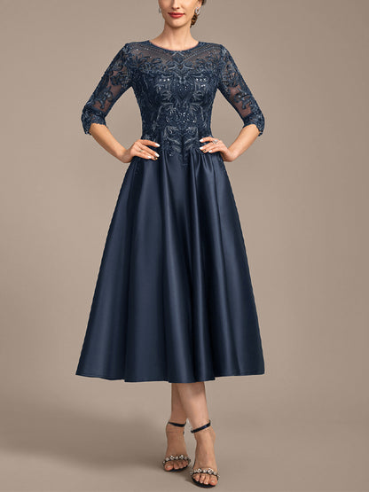 Round Neck Short Sleeve Lace Sequin Solid Color Midi Dress