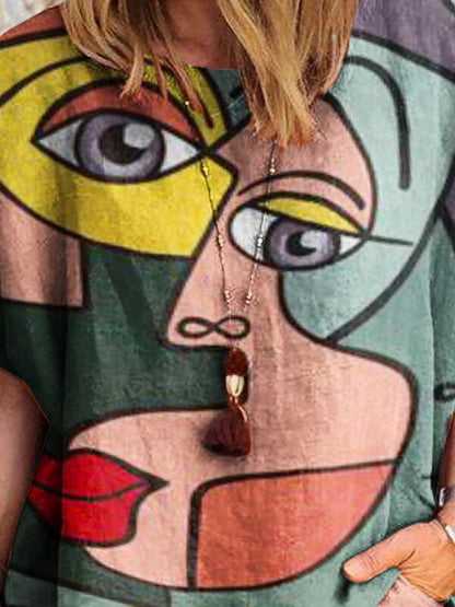 Women's Round Neck Abstract Print Short Sleeve Suit