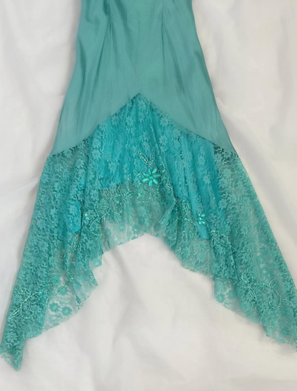 Blue Retro A Line Spaghetti Straps Beaded Lace Satin Homecoming Dress Cocktail Dress SH3546