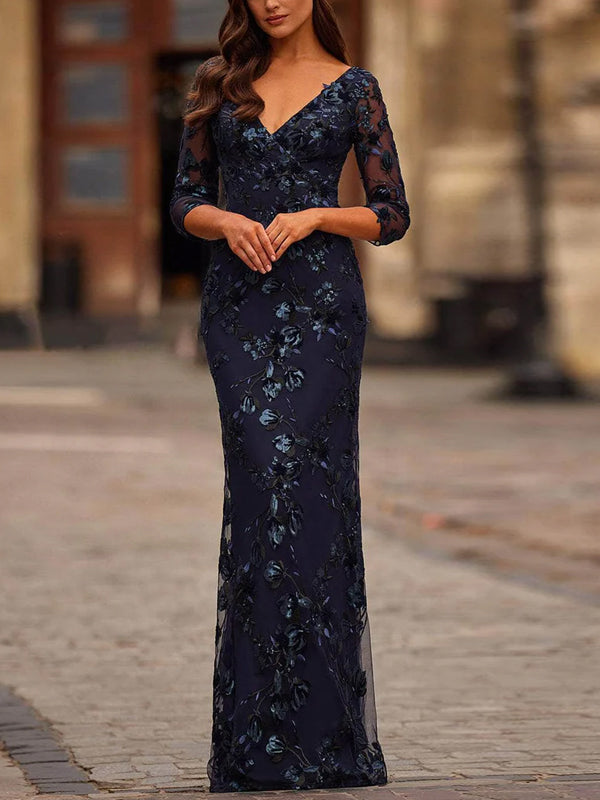 Navy Blue V-neck Floral Applique Maxi Dress
