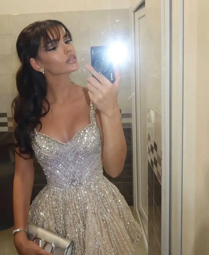 Classy A Line Straps Champagne Sequin Grad Dress Inspo Short Mini Formal 8th Grade Homecoming Dresses Middle School Hoco Court Dress Graduation Dress Cocktail Dress 16th Birthday Outfits DH1920