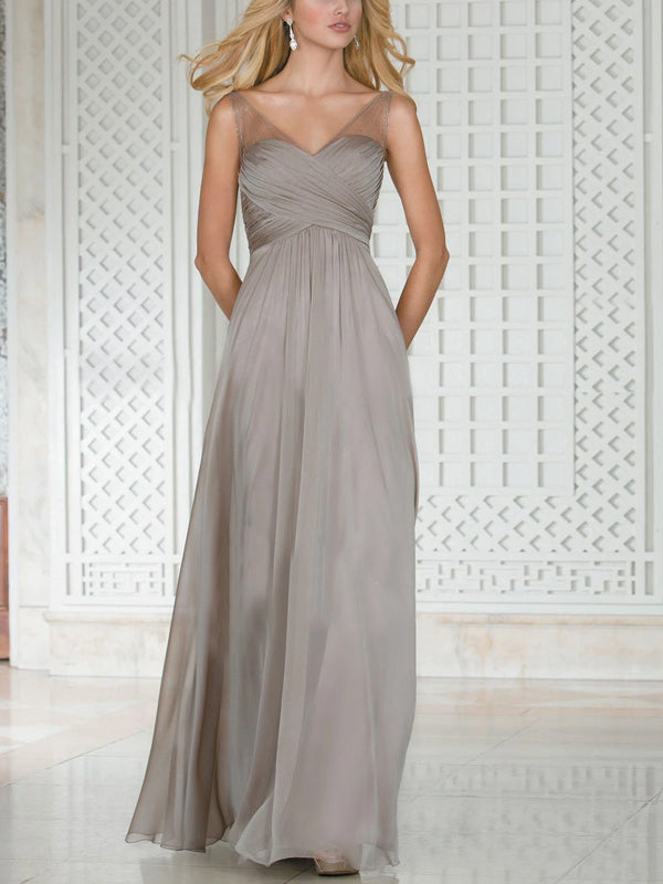 V-neck Solid Color Mesh Maxi Dress