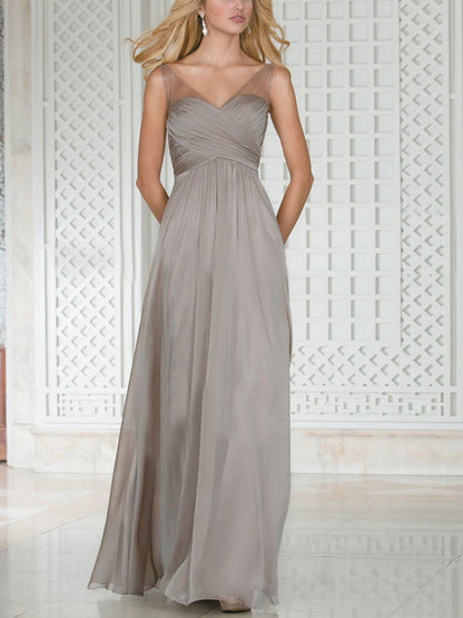 V-neck Solid Color Mesh Maxi Dress