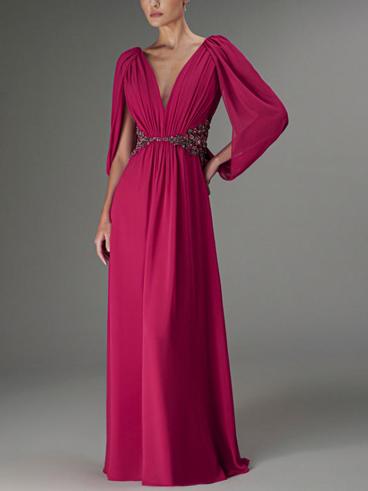 V-neck Chiffon Solid Color Maxi Dress