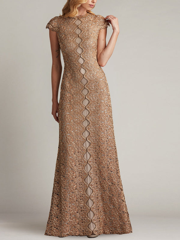 Round Neck Short Sleeve Lace Solid Color Maxi Dress