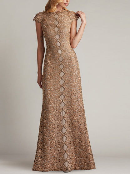 Round Neck Short Sleeve Lace Solid Color Maxi Dress