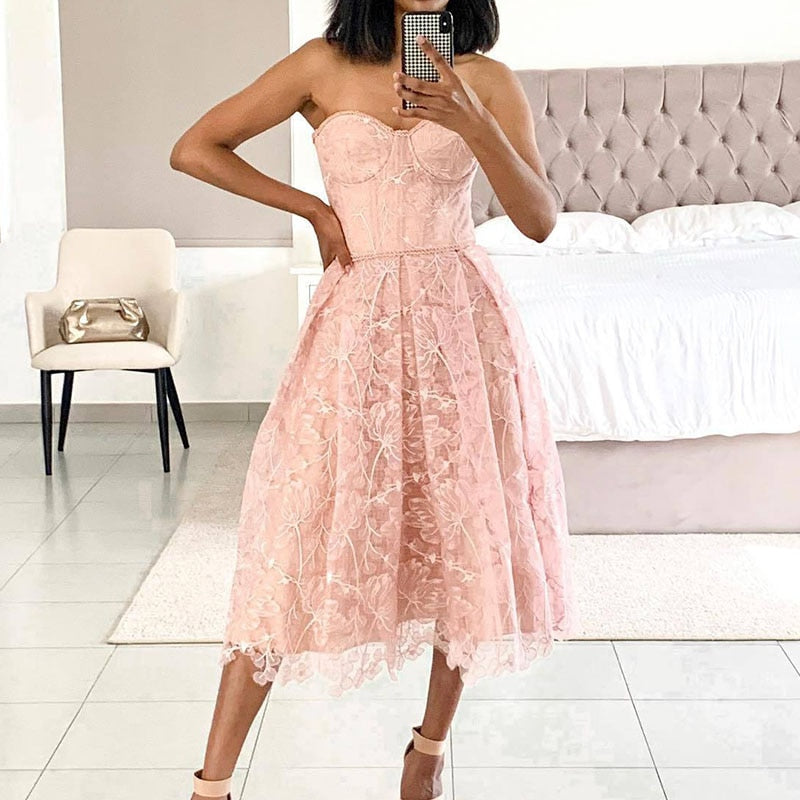loveedsTM- Sexy Sling Strapless Puffy Princess Dress Fashion Sleeveless High Split Party Evening Dress Women Solid Lace Slim Elegant Dress