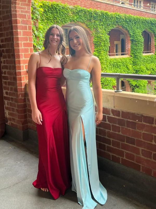 Elegant Blue Satin Mermaid Side Slit Long Evening Prom Dresses Sexy Prom Dress DP246