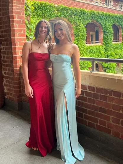 Elegant Blue Satin Mermaid Side Slit Long Evening Prom Dresses Sexy Prom Dress DP246