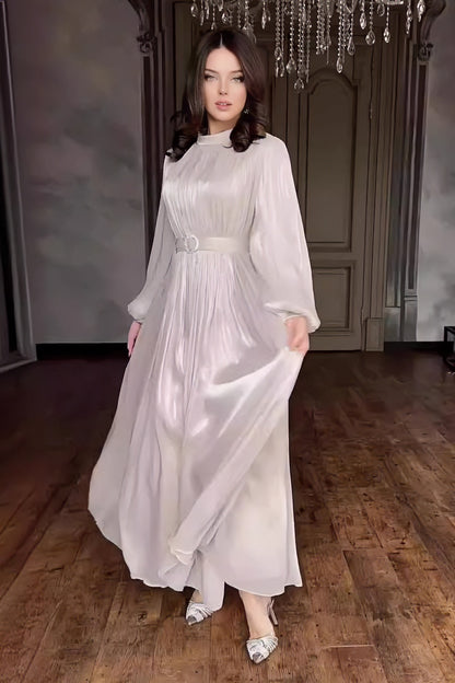 loveedsTM-Round Neck Organza Lantern Sleeve Long Sleeve Slim Belt Vintage Dress