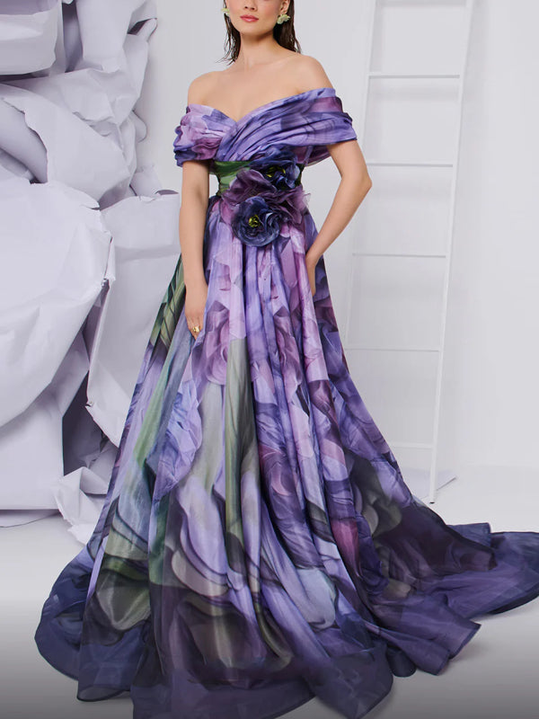 A-line Pleated Long formal Printed Evening Gown