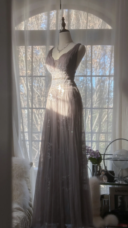 Stunning A Line V Neck Appliques Purple Tulle Long Prom Dress Evening Dress SH2970