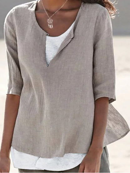 Solid Color Cotton And Linen Women's Shirt