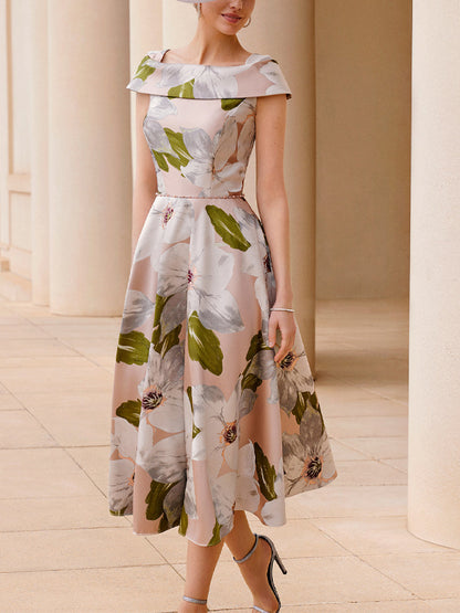 Off Neck Floral Print Midi Dress