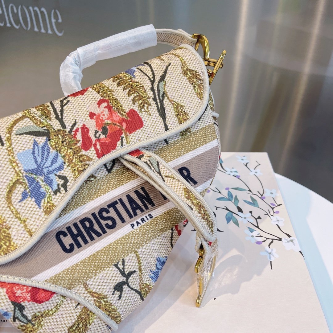 CHRISTIAN DIOR SADDLE BAG EMBROIDERED CANVAS HANDBAG IVORY