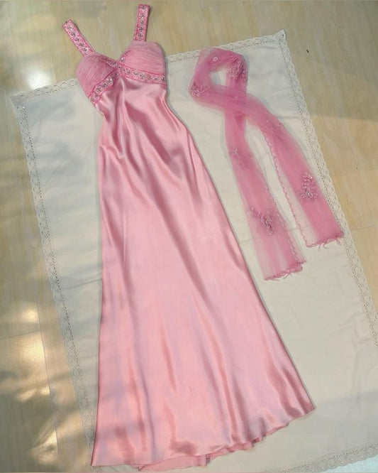 Pink Fashion Shiny Beading Elegant Long Satin Tulle Ball Gown Evening Dress Party Dress gh3510