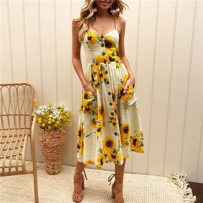 loveedsTM- Boho Sexy Floral Dress Summer Vintage Casual Sundress Female Beach Dress Midi Button Backless Polka Dot Striped Women Dress