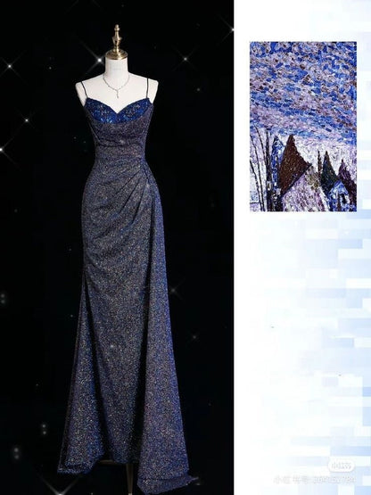 Blue Shiny Elegant Spaghetti Straps Exquisite Beading Sexy Slit Long Mermaid Slim Sequin Ball Gown Evening Dress gh3359