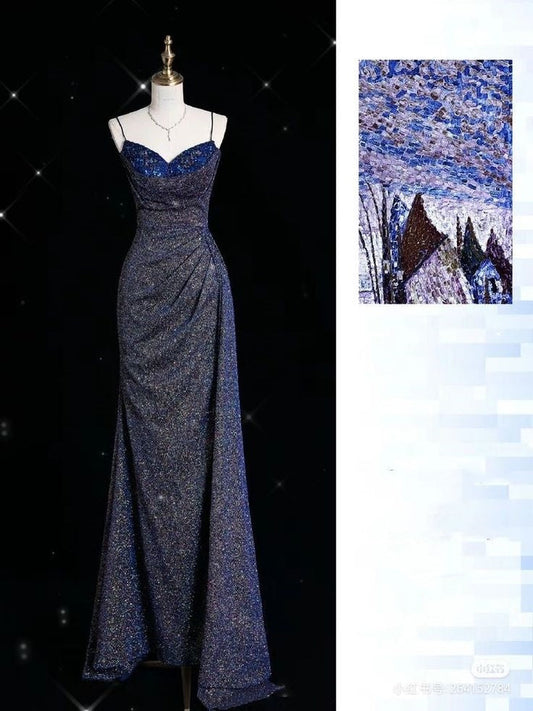 Blue Shiny Elegant Spaghetti Straps Exquisite Beading Sexy Slit Long Mermaid Slim Sequin Ball Gown Evening Dress gh3359