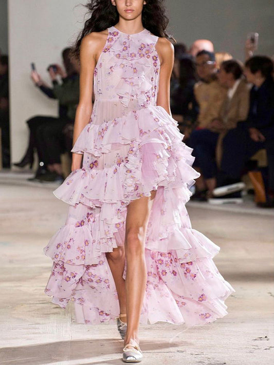 Pink Round Neck Sleeveless Print Midi Dress