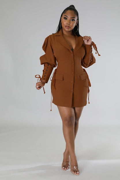 loveedsTM- Women Eyelet Lace Up Lantern Long Sleeve Single Breasted Lapel Neck Blazer Style Midi Dress for Winter Autumn Ins Tops