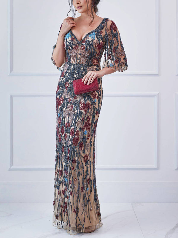 V-Neck Mesh Sequin Print Maxi Dress