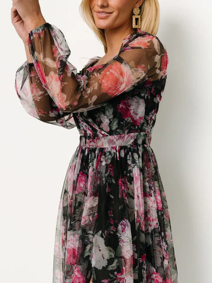 Temperament Split Mesh Printing Maxi Dress