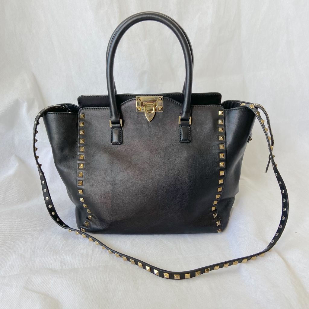 Valentino Black Leather Rockstud Trapeze Tote